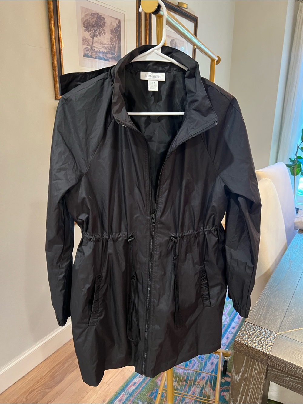 Motherhood Black Drawstring-Waist Packable Trench Coat with zip-able hood